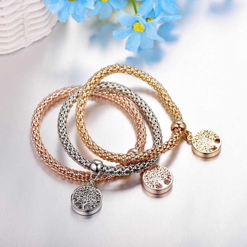 SILANER Crystal Charms Multilayer Bracelets - 3PCS Gold/Silver/Rose Gold Corn Chain Bracelet for Women, Tree of Life Heart Shaped Stretch Bracelet - Image 3